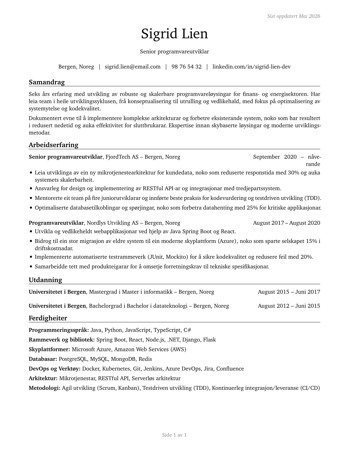 Software Developers CV in Norwegian_nynorsk — page 1
