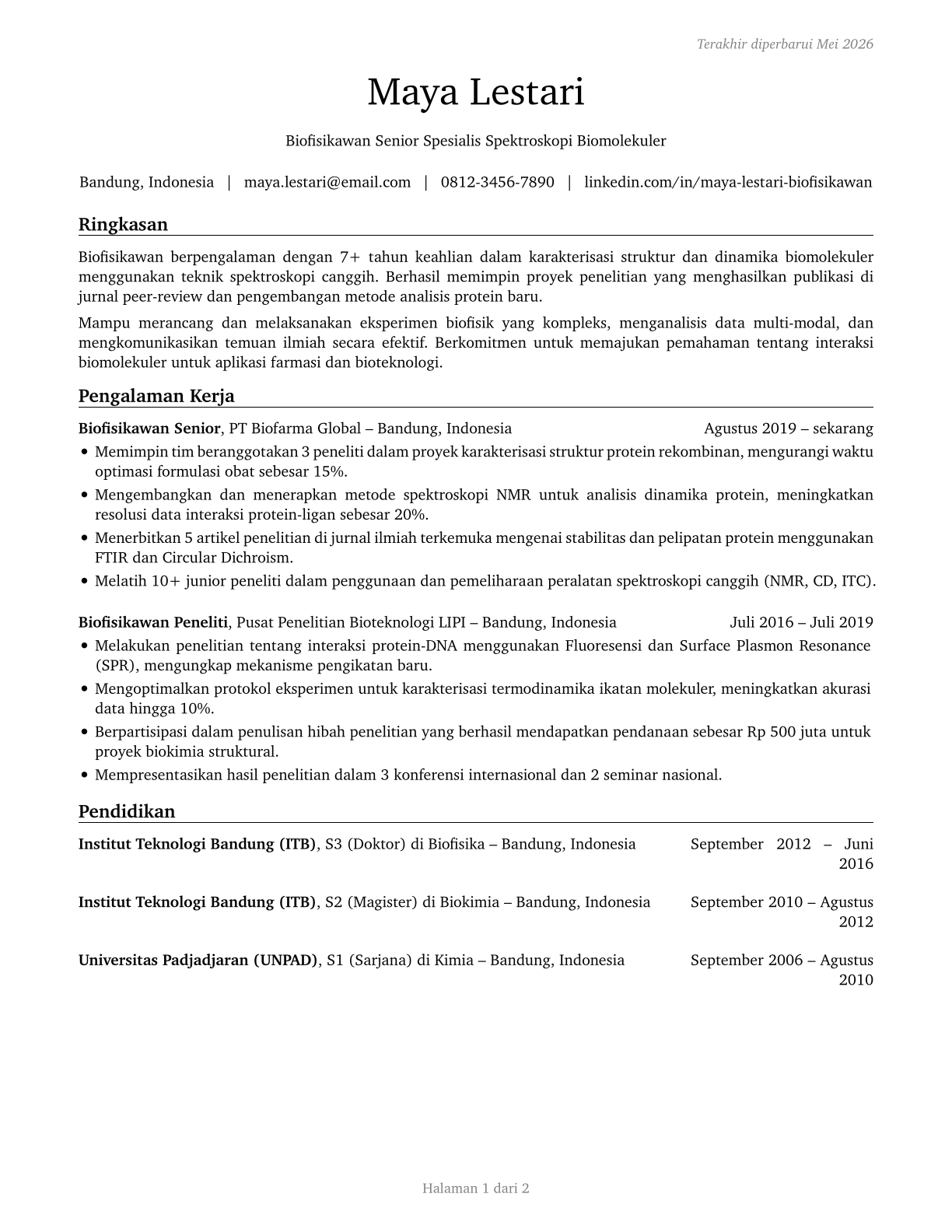 Biochemists and Biophysicists CV in Indonesian — page 1