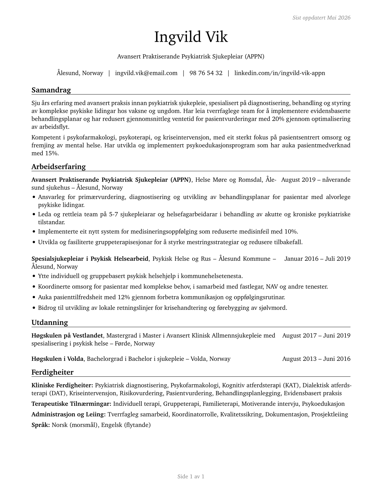 Advanced Practice Psychiatric Nurses CV in Norwegian_nynorsk — page 1