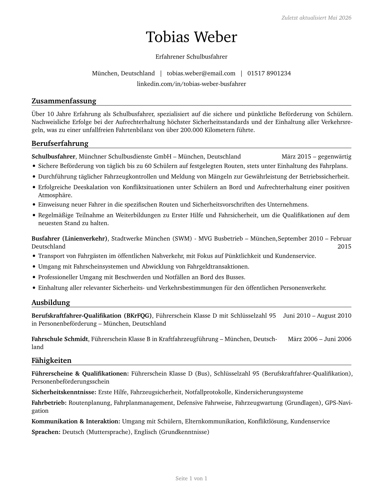 Bus Drivers, School CV in German — page 1