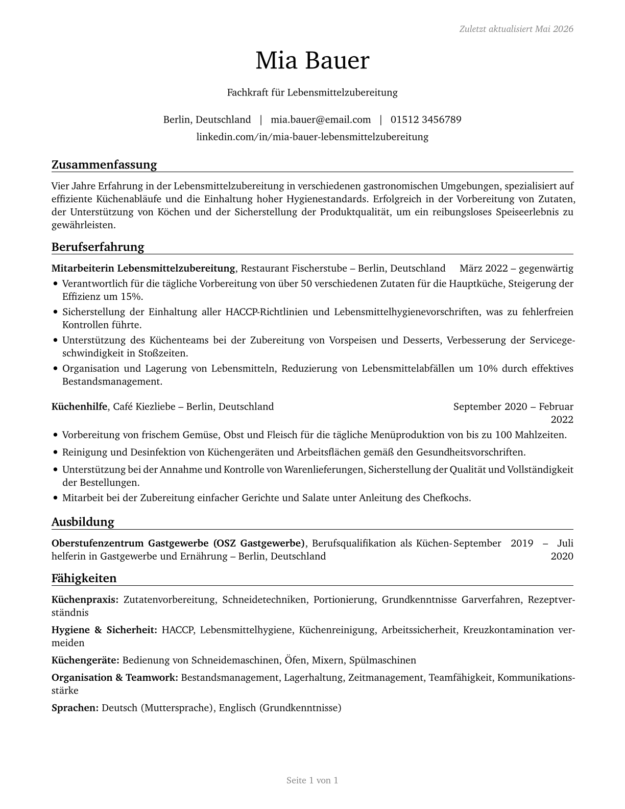 Food Preparation Workers CV in German — page 1