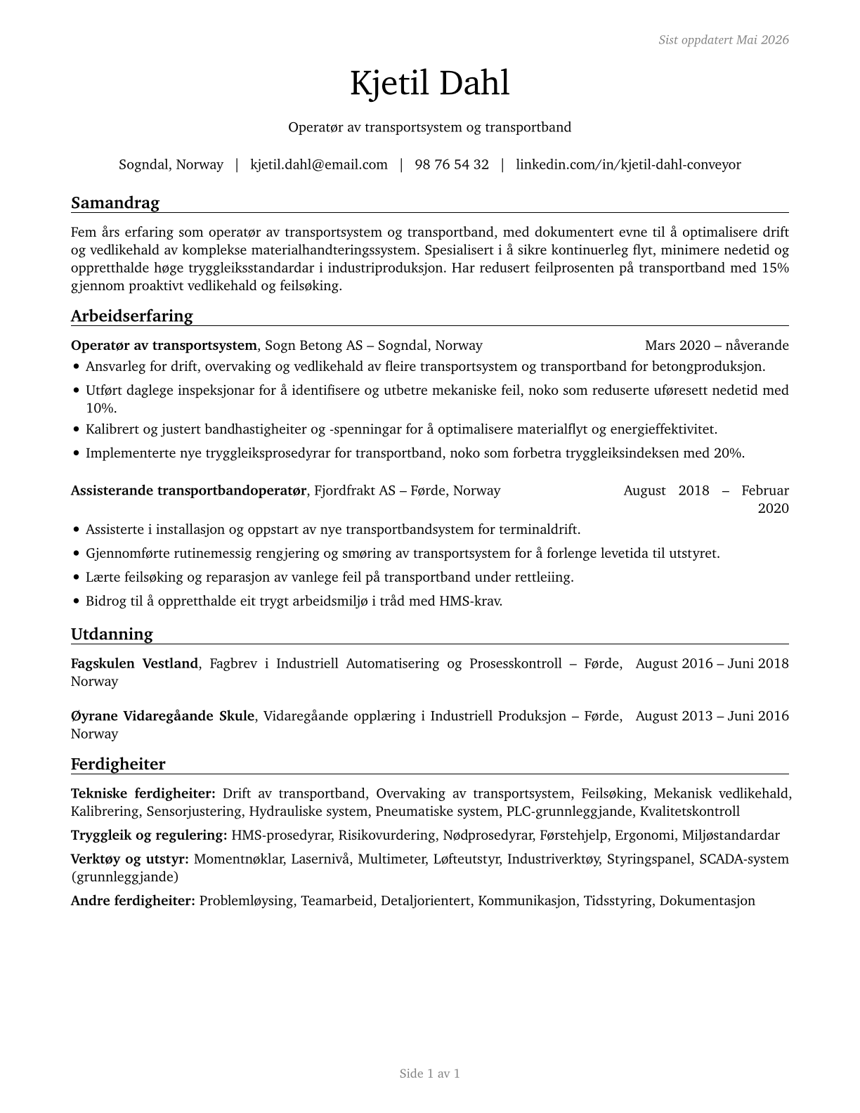 Conveyor Operators and Tenders CV in Norwegian_nynorsk — page 1
