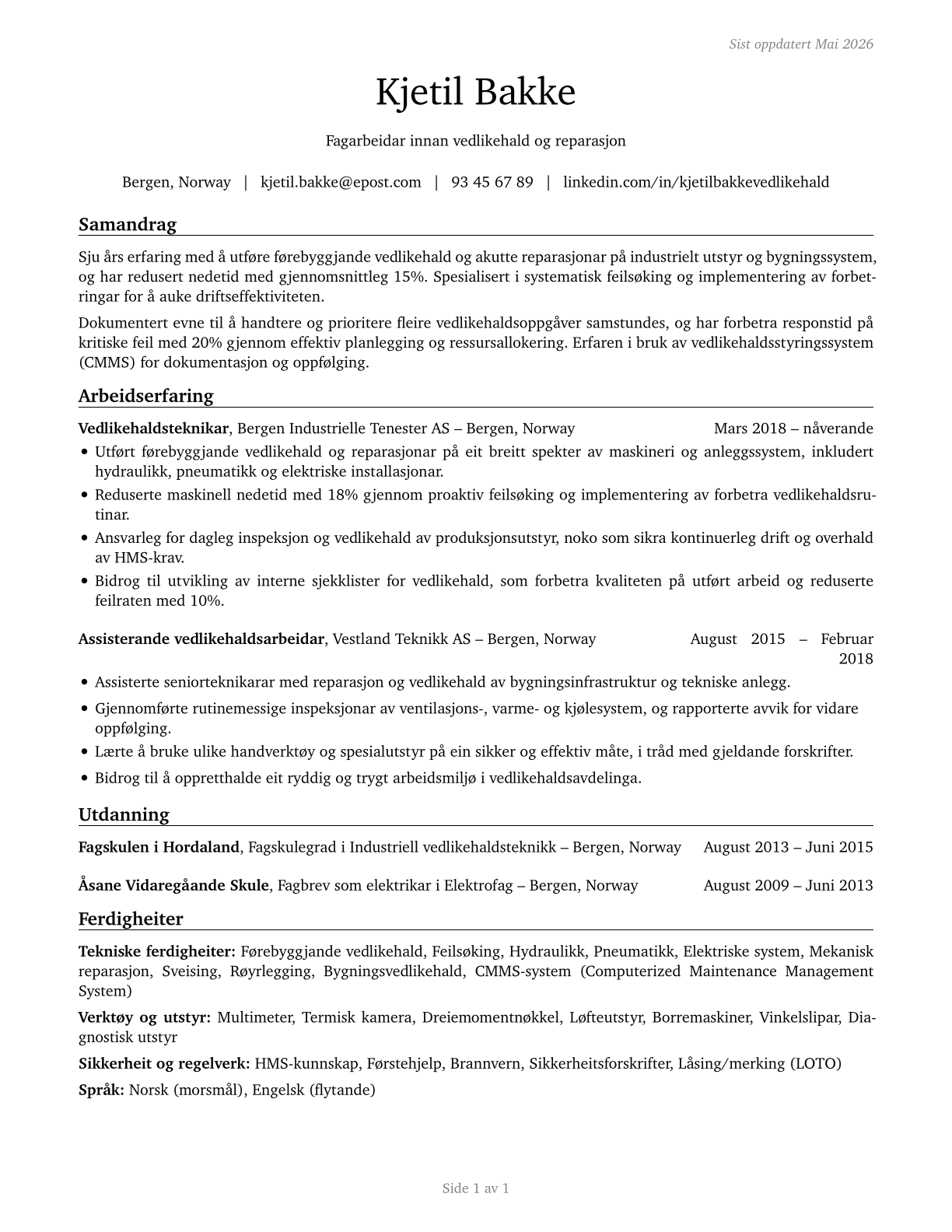 Maintenance and Repair Workers, General CV in Norwegian_nynorsk — page 1