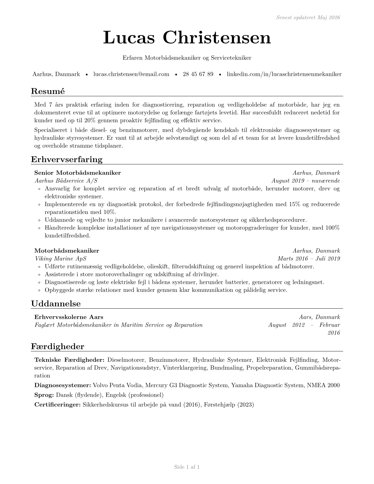 Motorboat Mechanics and Service Technicians CV in Danish — page 1