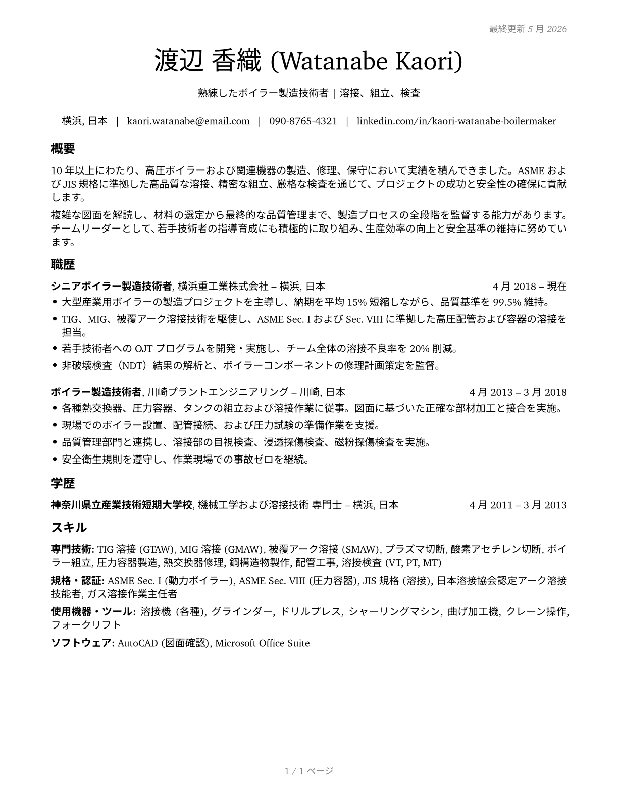 Boilermakers CV in Japanese — page 1