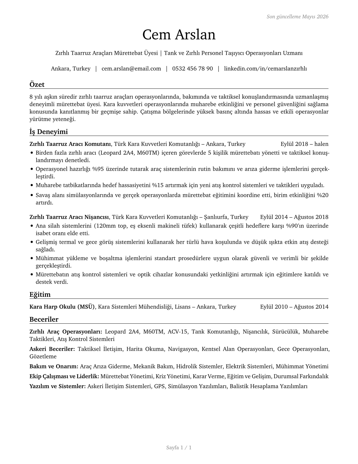 Armored Assault Vehicle Crew Members CV in Turkish — page 1