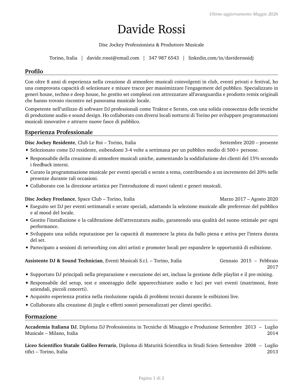 Disc Jockeys, Except Radio CV in Italian — page 1