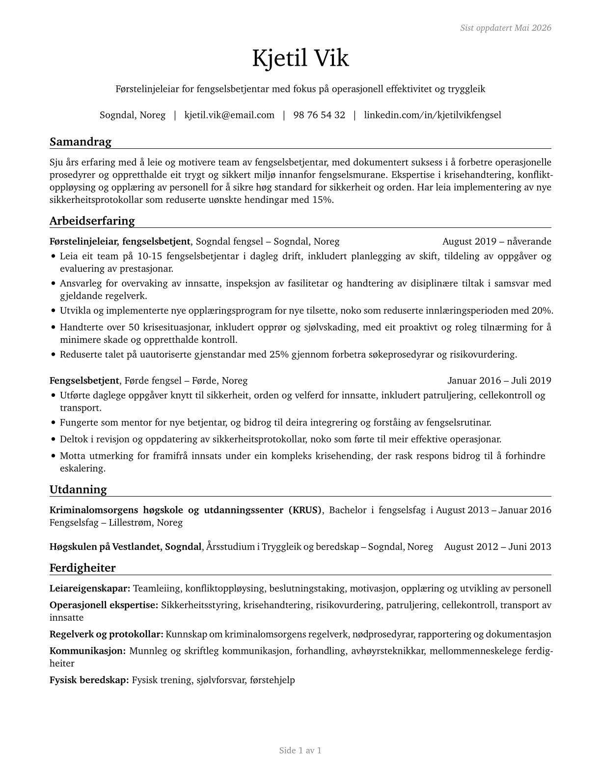 First-Line Supervisors of Correctional Officers CV in Norwegian_nynorsk — page 1