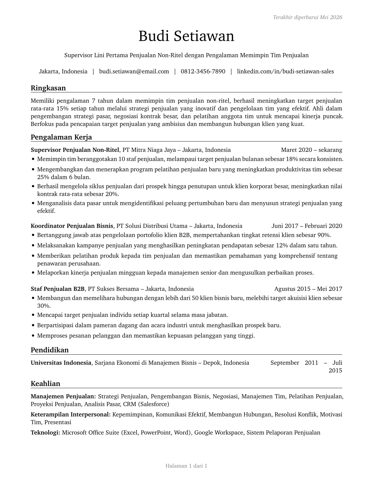 First-Line Supervisors of Non-Retail Sales Workers CV in Indonesian — page 1