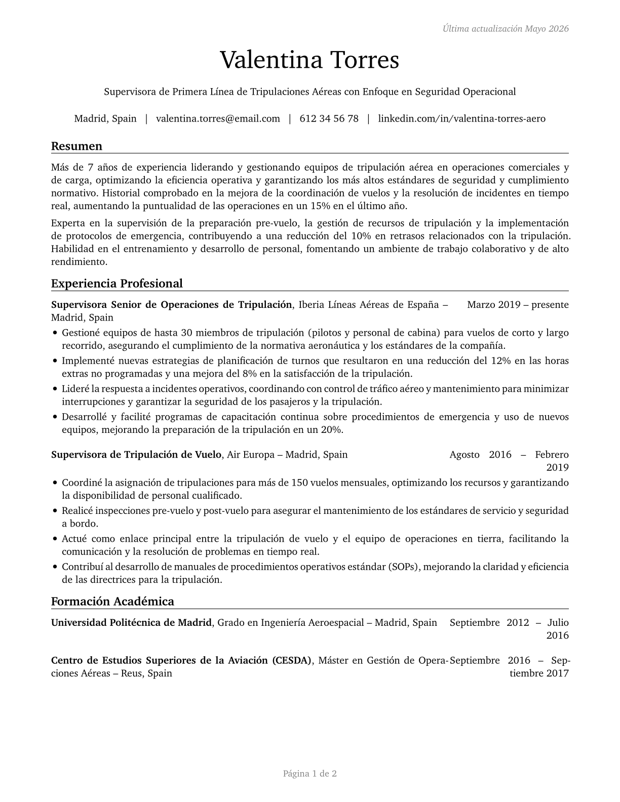 First-Line Supervisors of Air Crew Members CV in Spanish — page 1