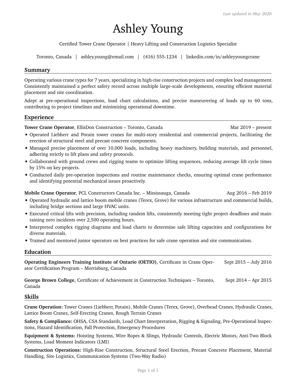 Crane and Tower Operators CV in English — page 1