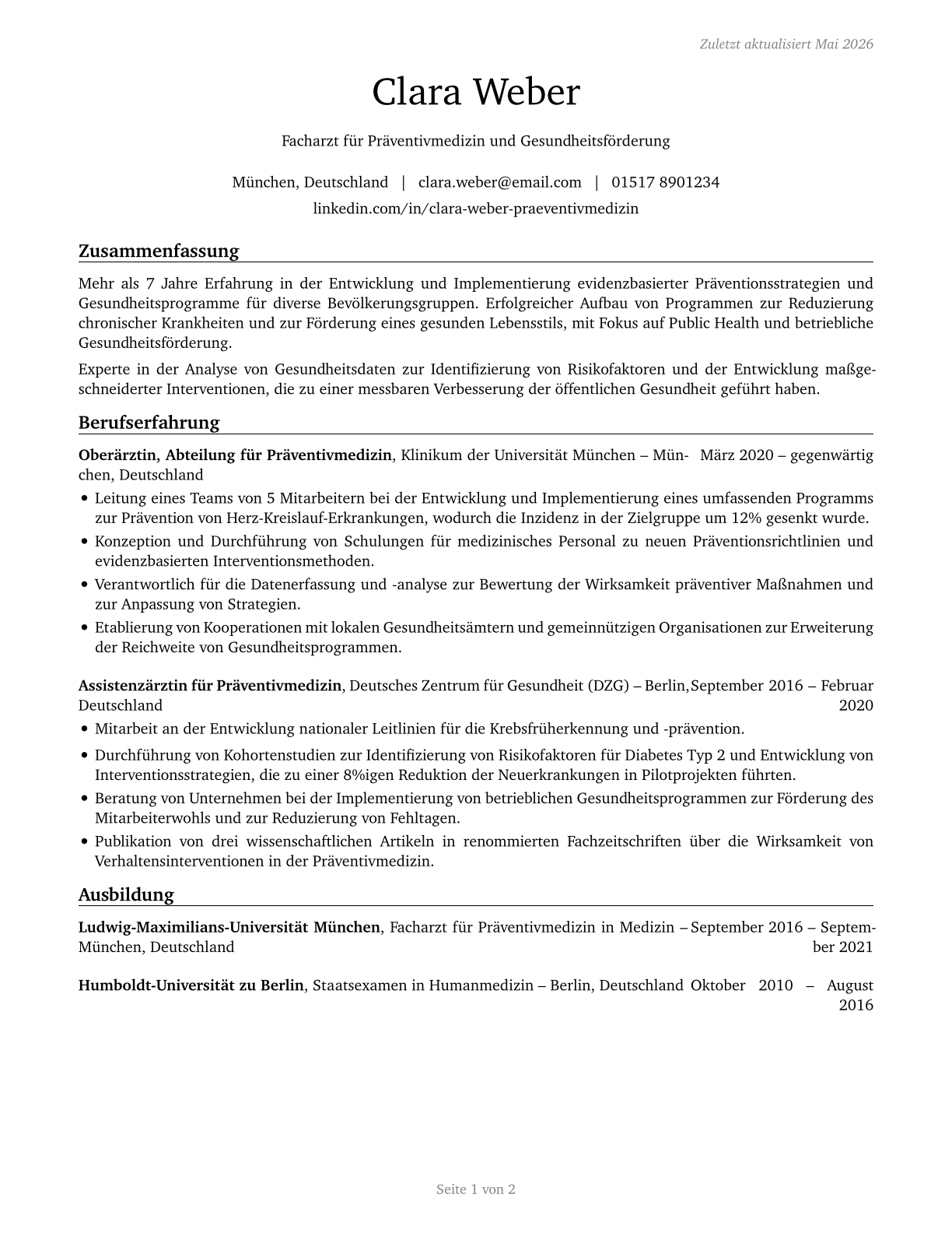 Preventive Medicine Physicians CV in German — page 1