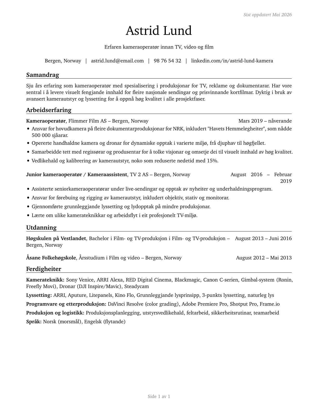 Camera Operators, Television, Video, and Film CV in Norwegian_nynorsk — page 1