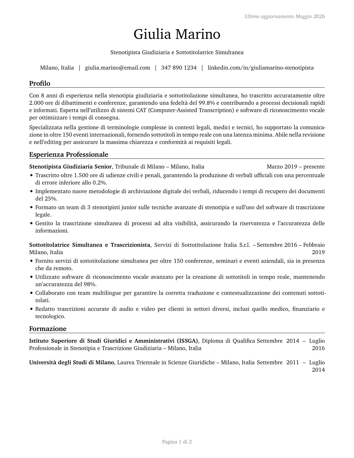 Court Reporters and Simultaneous Captioners CV in Italian — page 1