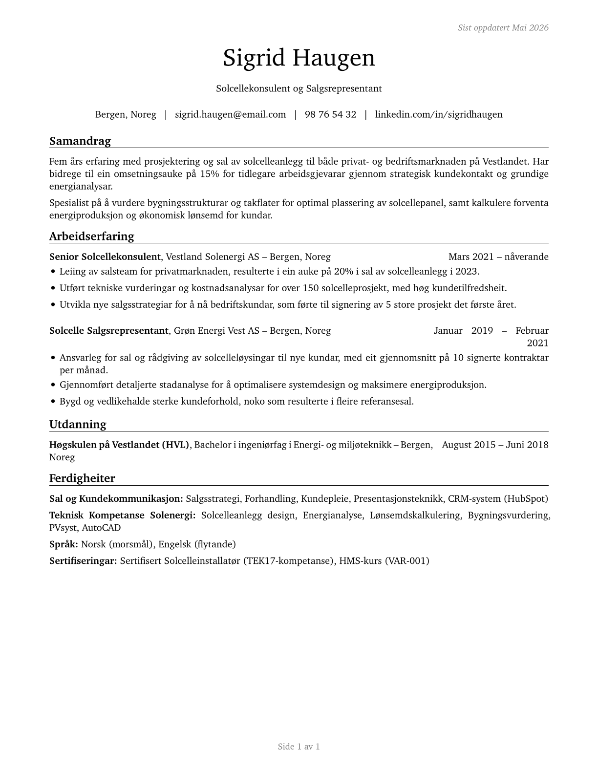 Solar Sales Representatives and Assessors CV in Norwegian_nynorsk — page 1