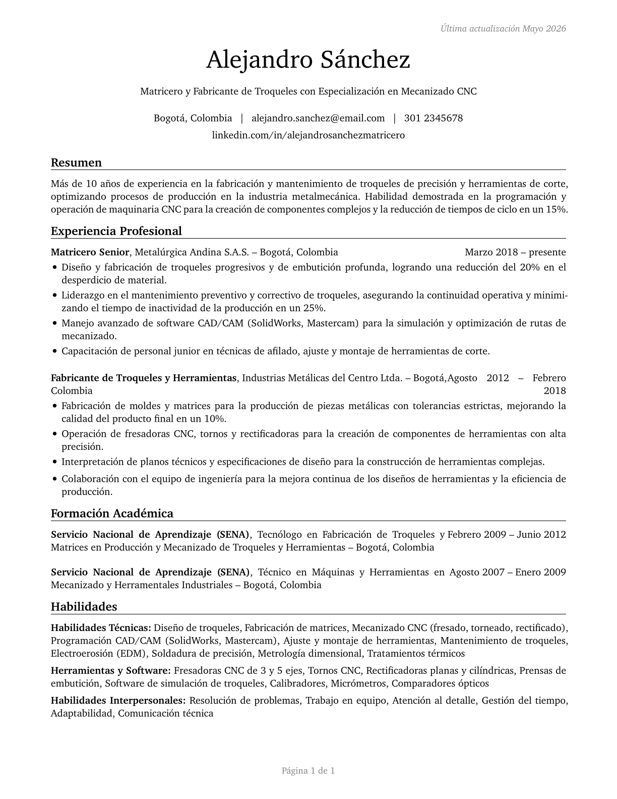Tool and Die Makers CV in Spanish — page 1