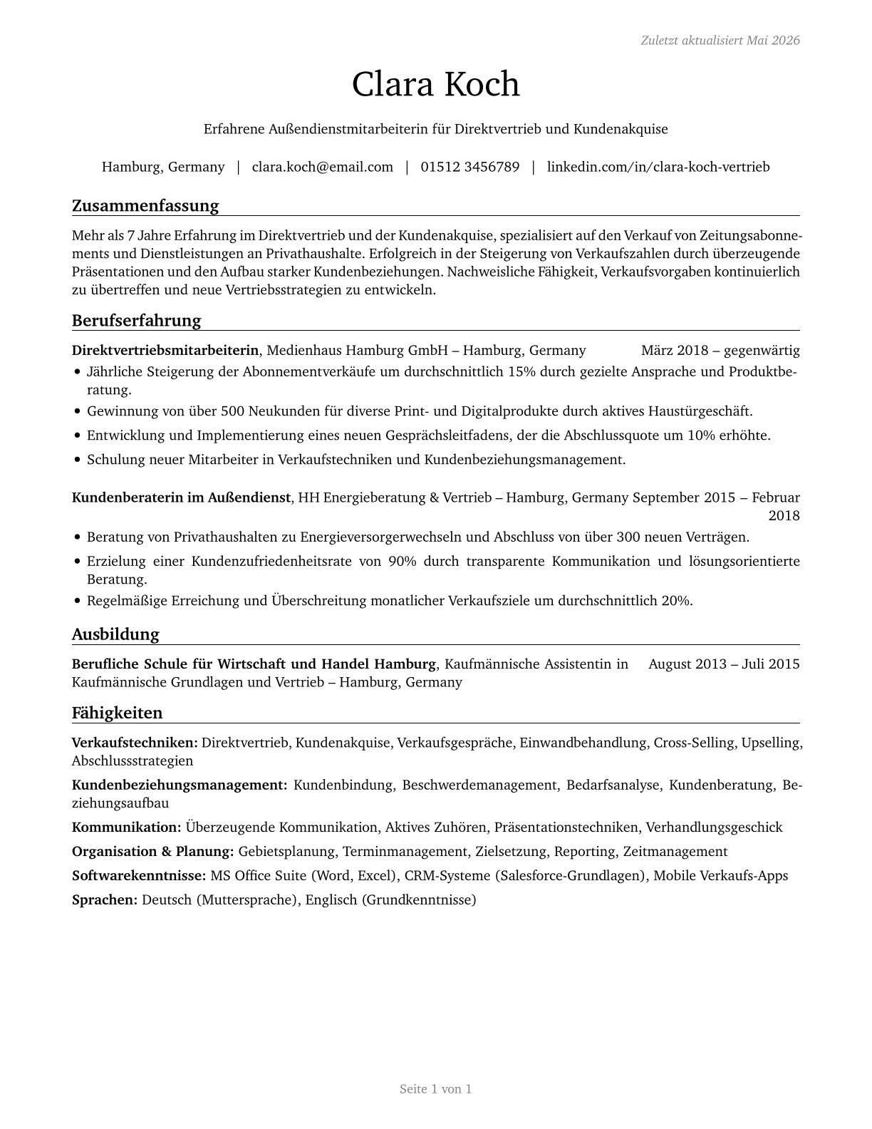 Door-to-Door Sales Workers, News and Street Vendors, and Related Workers CV in German — page 1