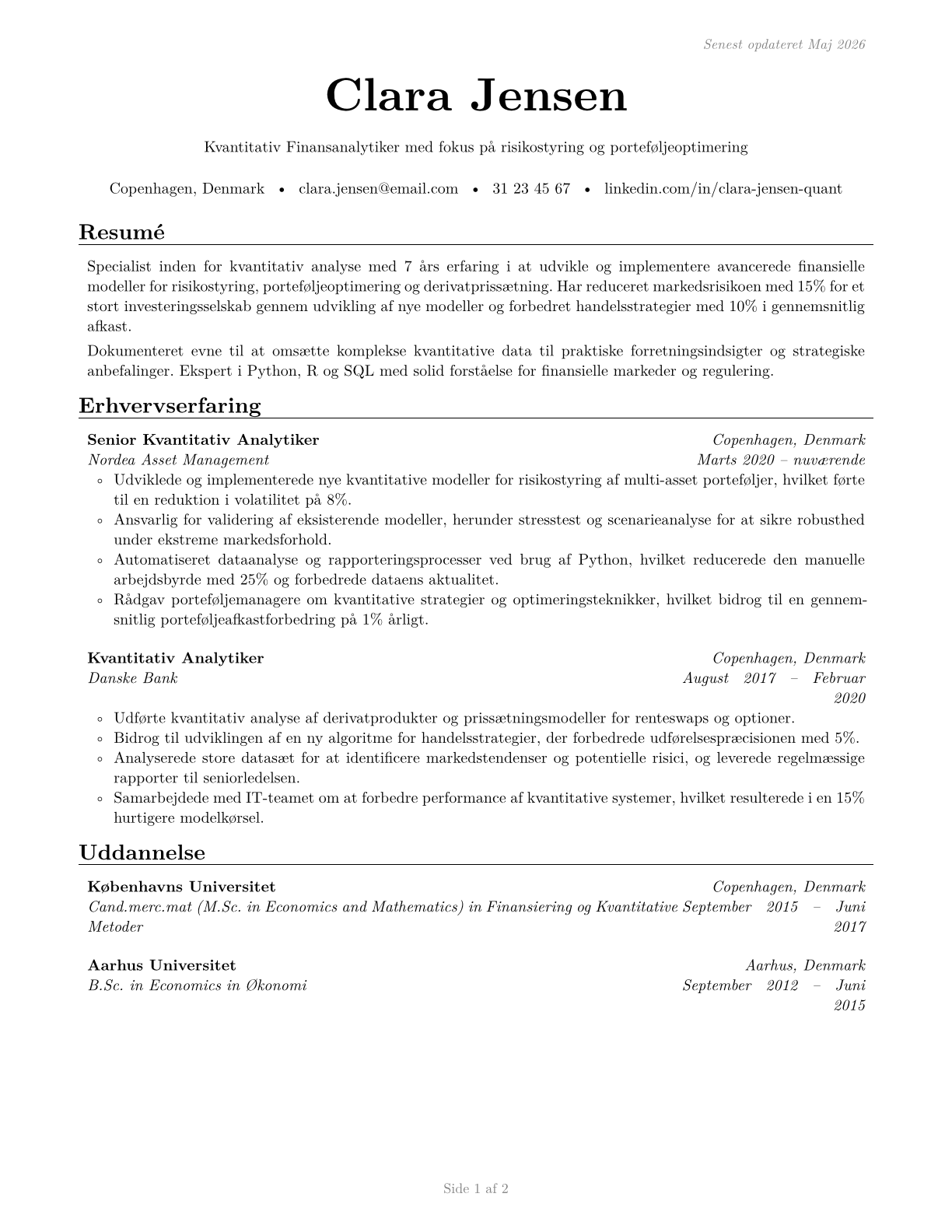 Financial Quantitative Analysts CV in Danish — page 1