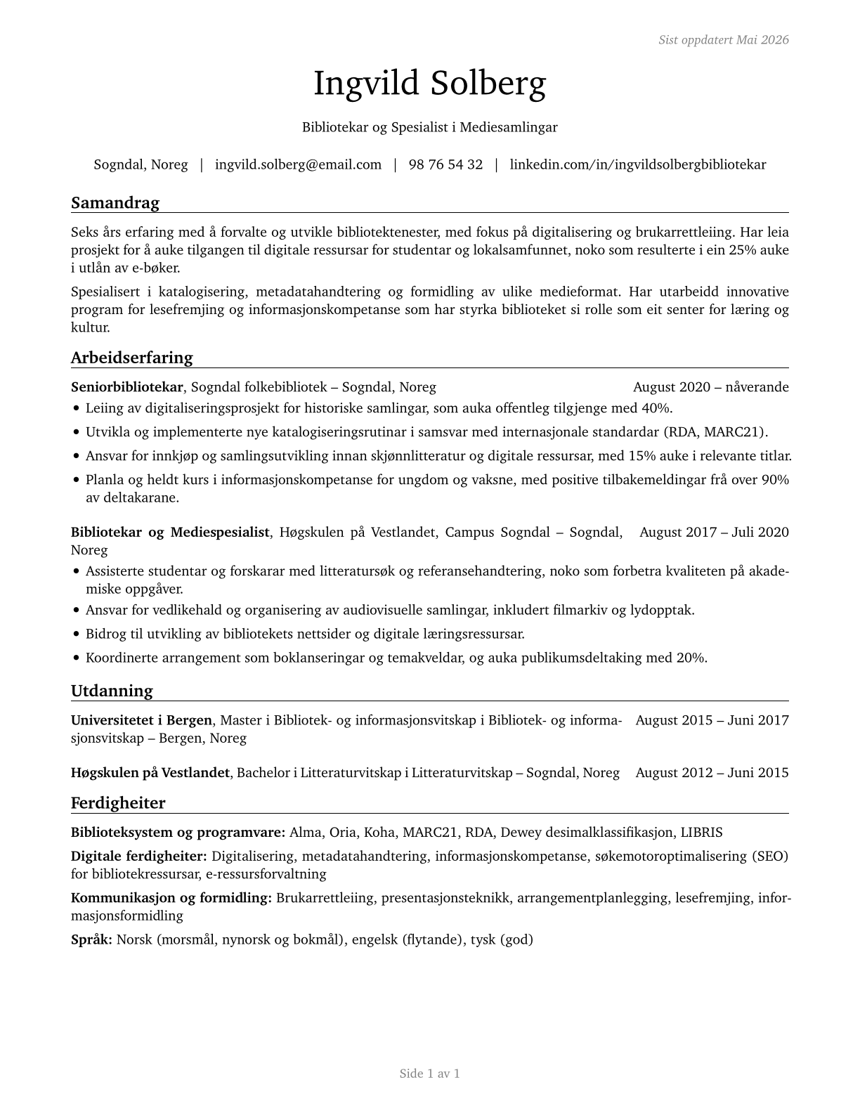 Librarians and Media Collections Specialists CV in Norwegian_nynorsk — page 1