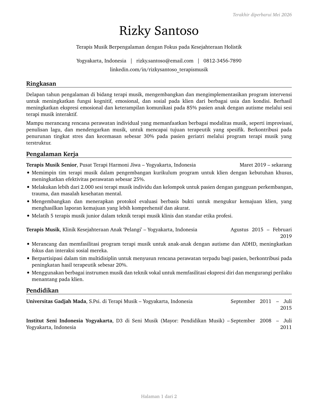 Music Therapists CV in Indonesian — page 1