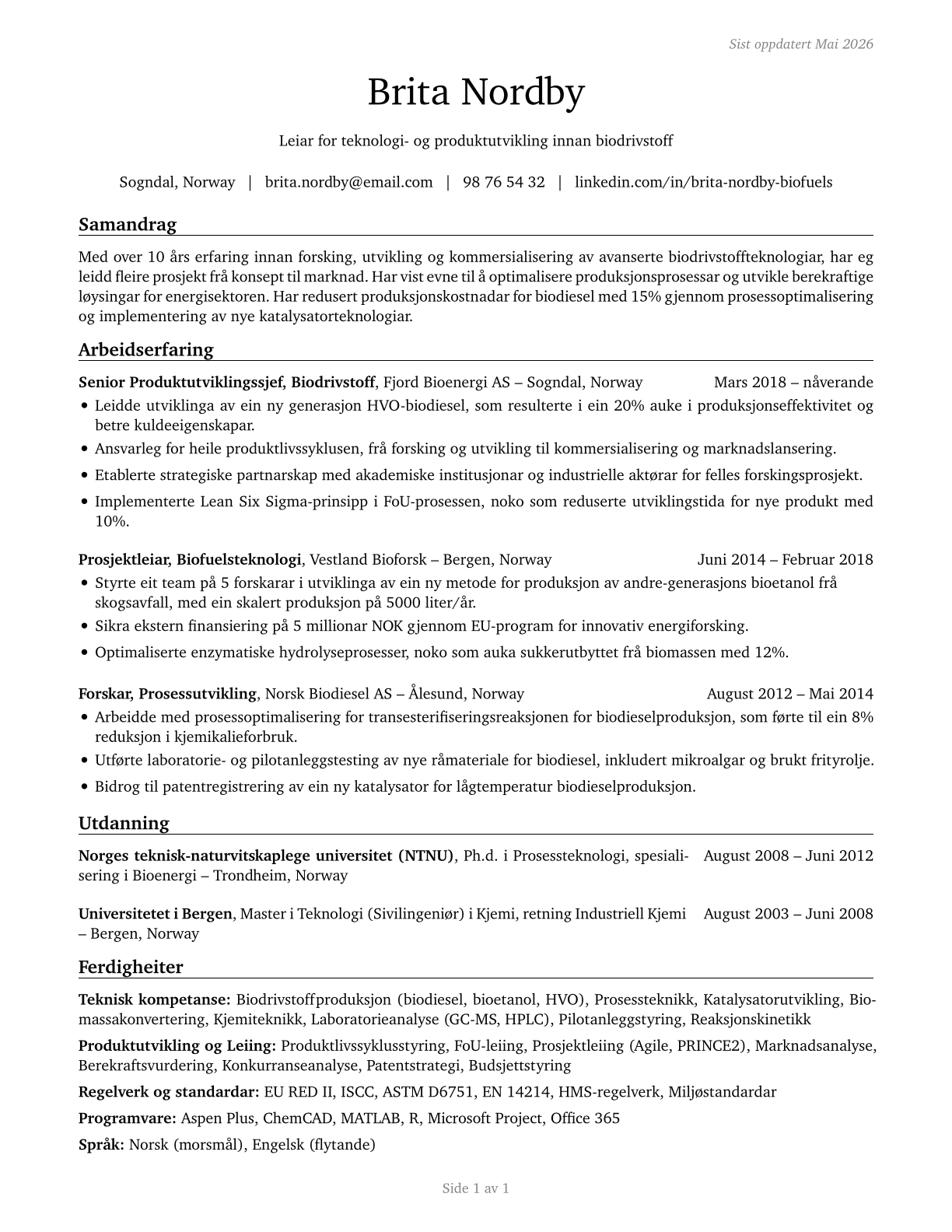 Biofuels/Biodiesel Technology and Product Development Managers CV in Norwegian_nynorsk — page 1