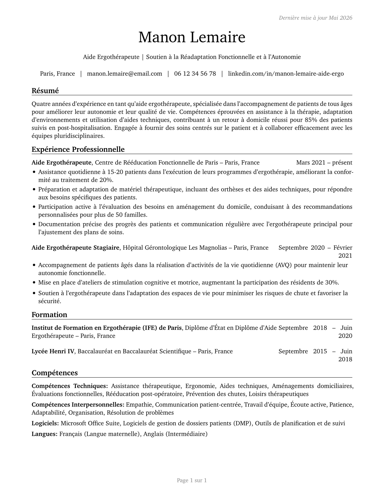 Occupational Therapy Aides CV in French — page 1