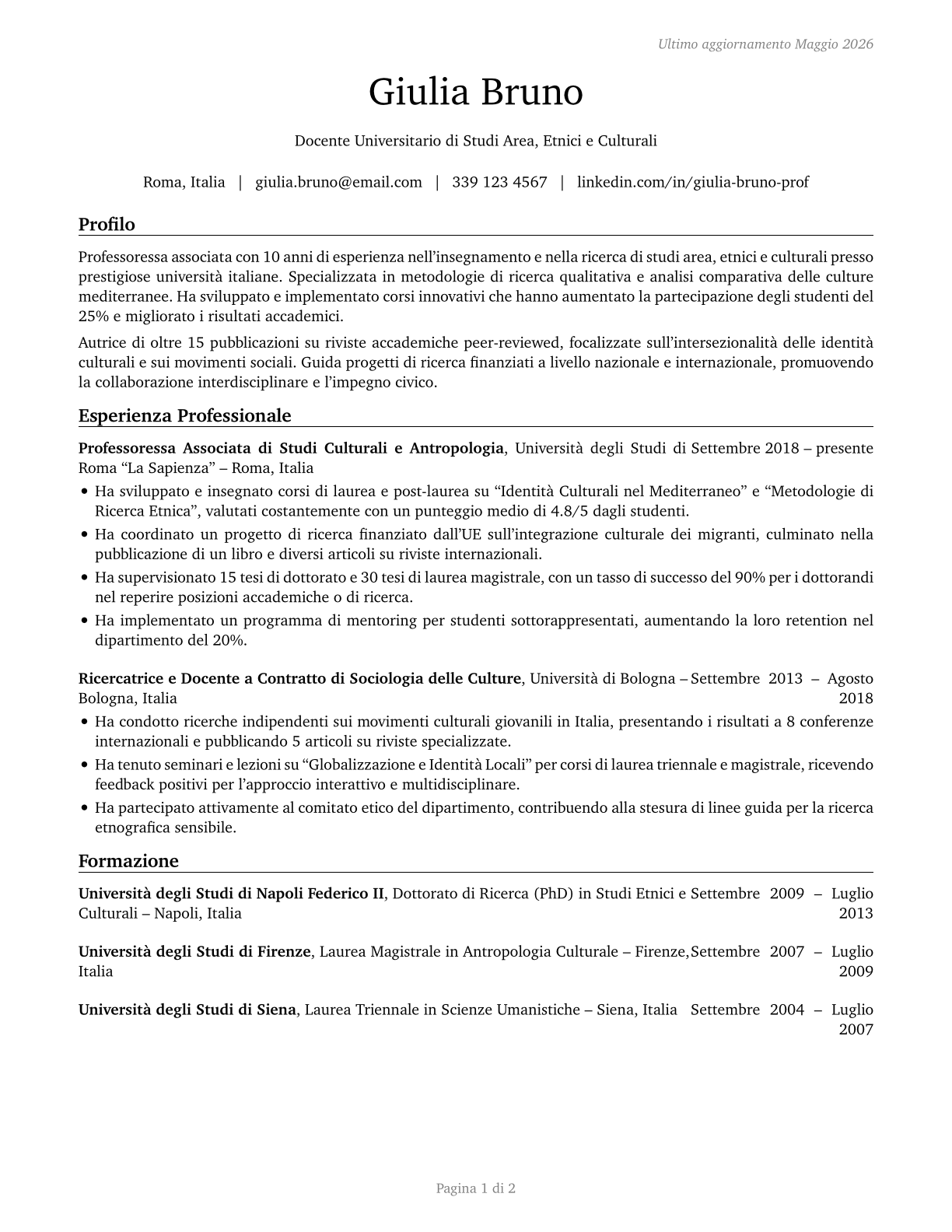 Area, Ethnic, and Cultural Studies Teachers, Postsecondary CV in Italian — page 1