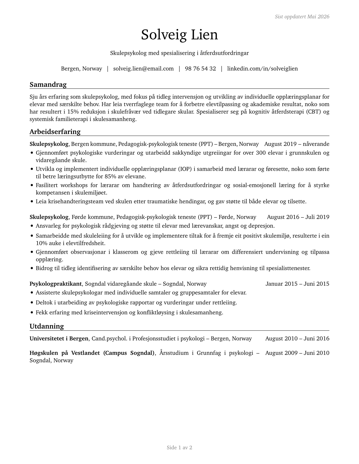School Psychologists CV in Norwegian_nynorsk — page 1