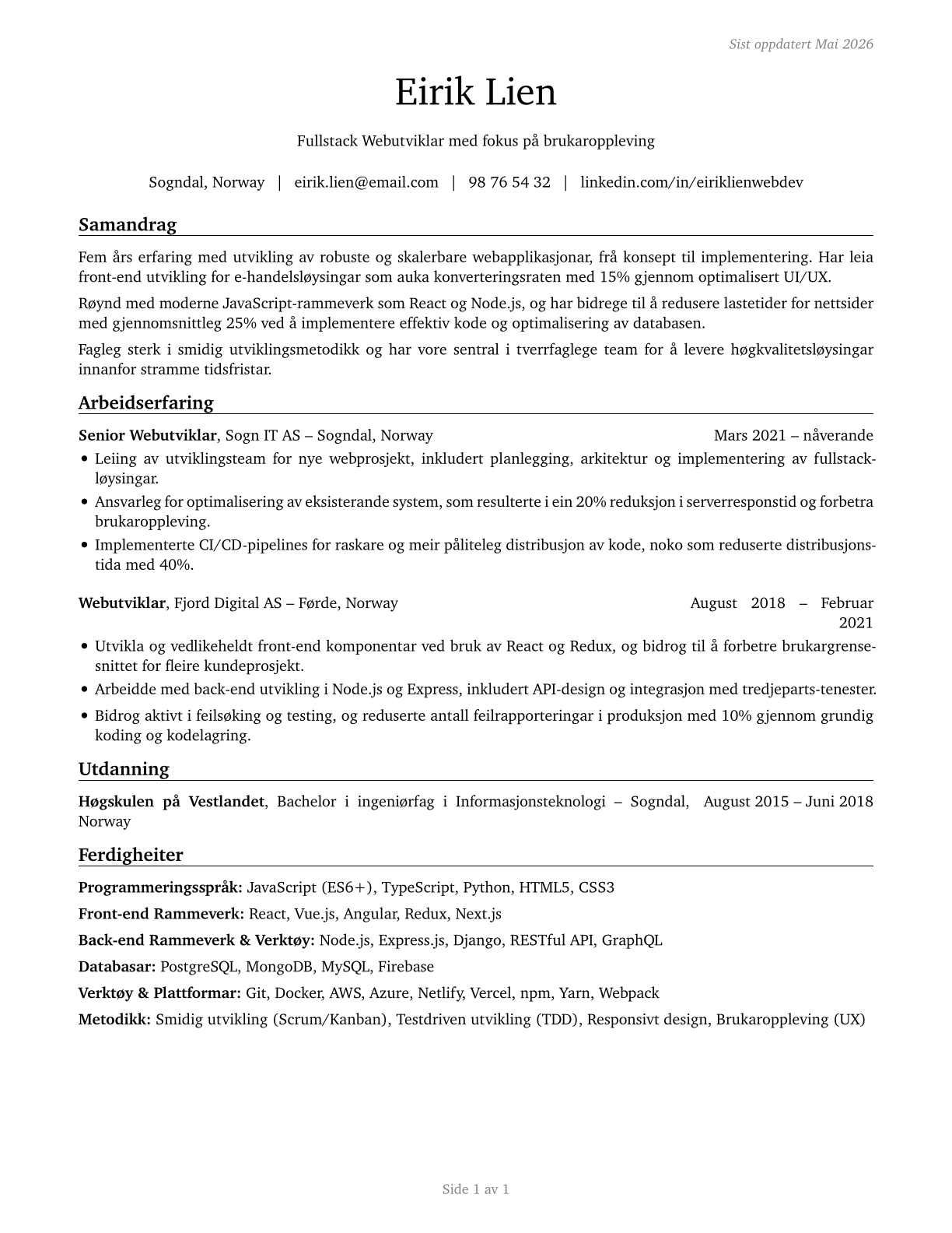 Web Developers CV in Norwegian_nynorsk — page 1
