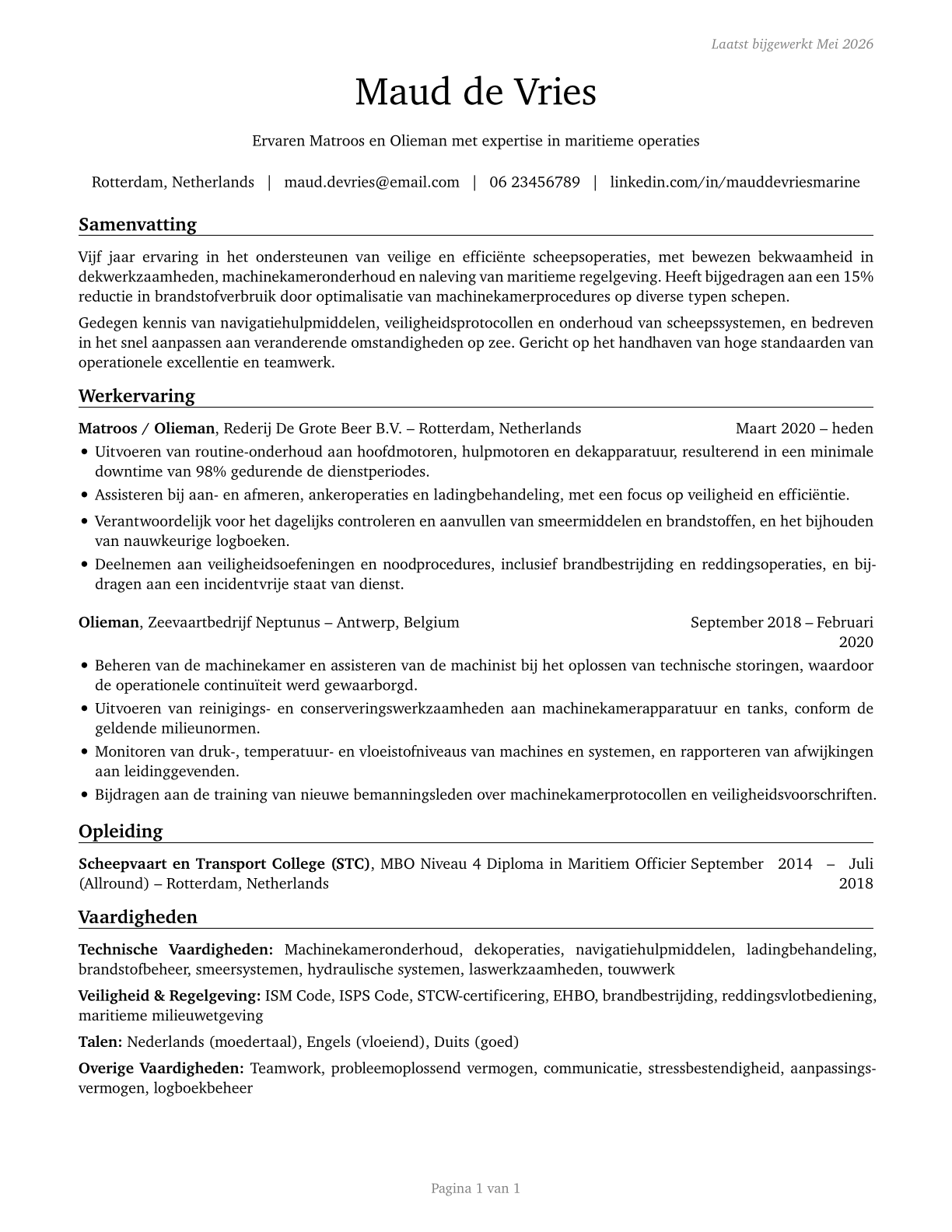 Sailors and Marine Oilers CV in Dutch — page 1