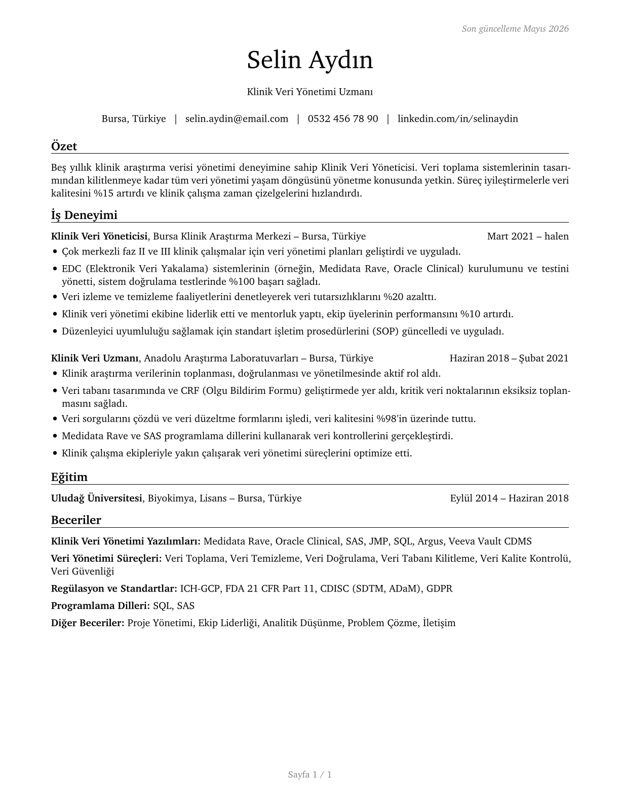 Clinical Data Managers CV in Turkish — page 1