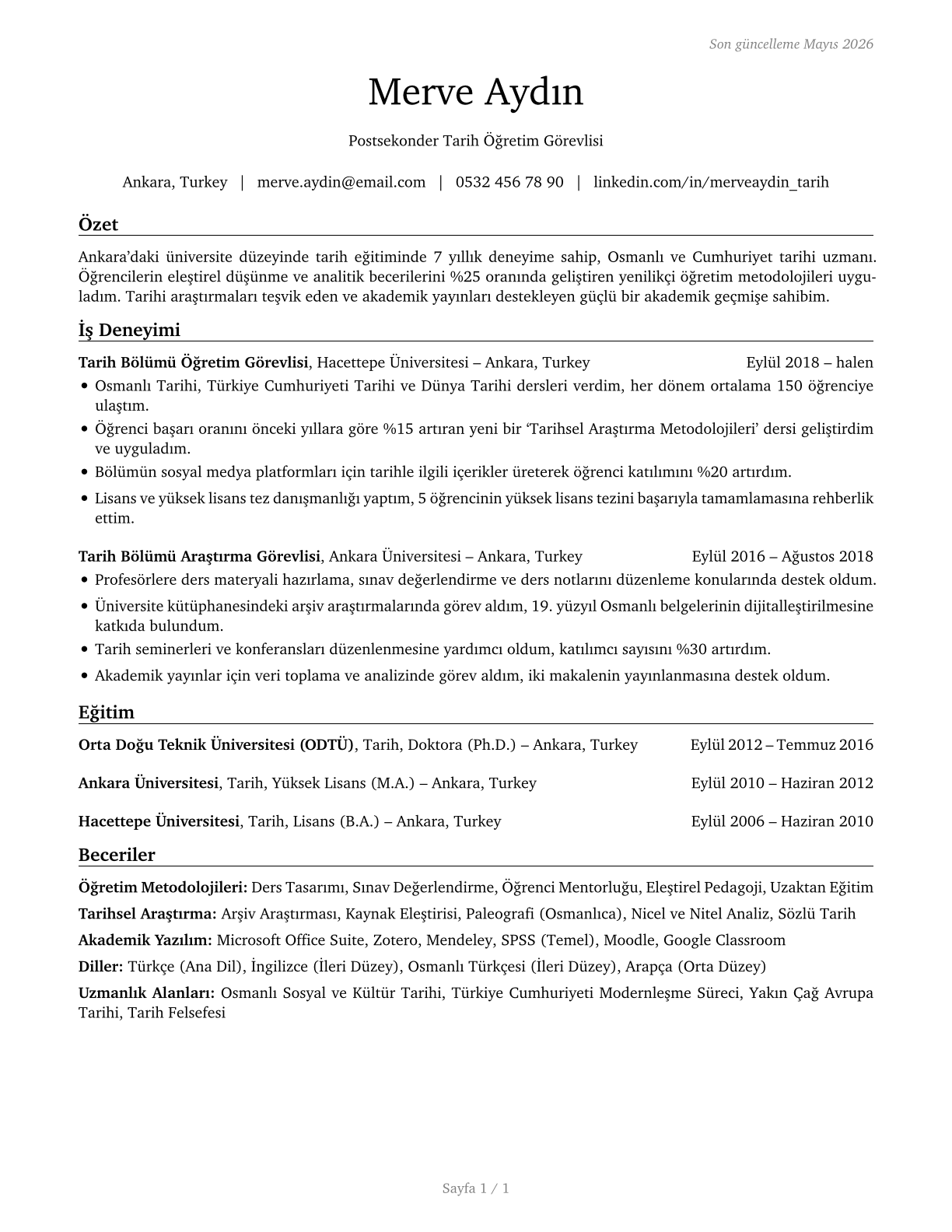 History Teachers, Postsecondary CV in Turkish — page 1