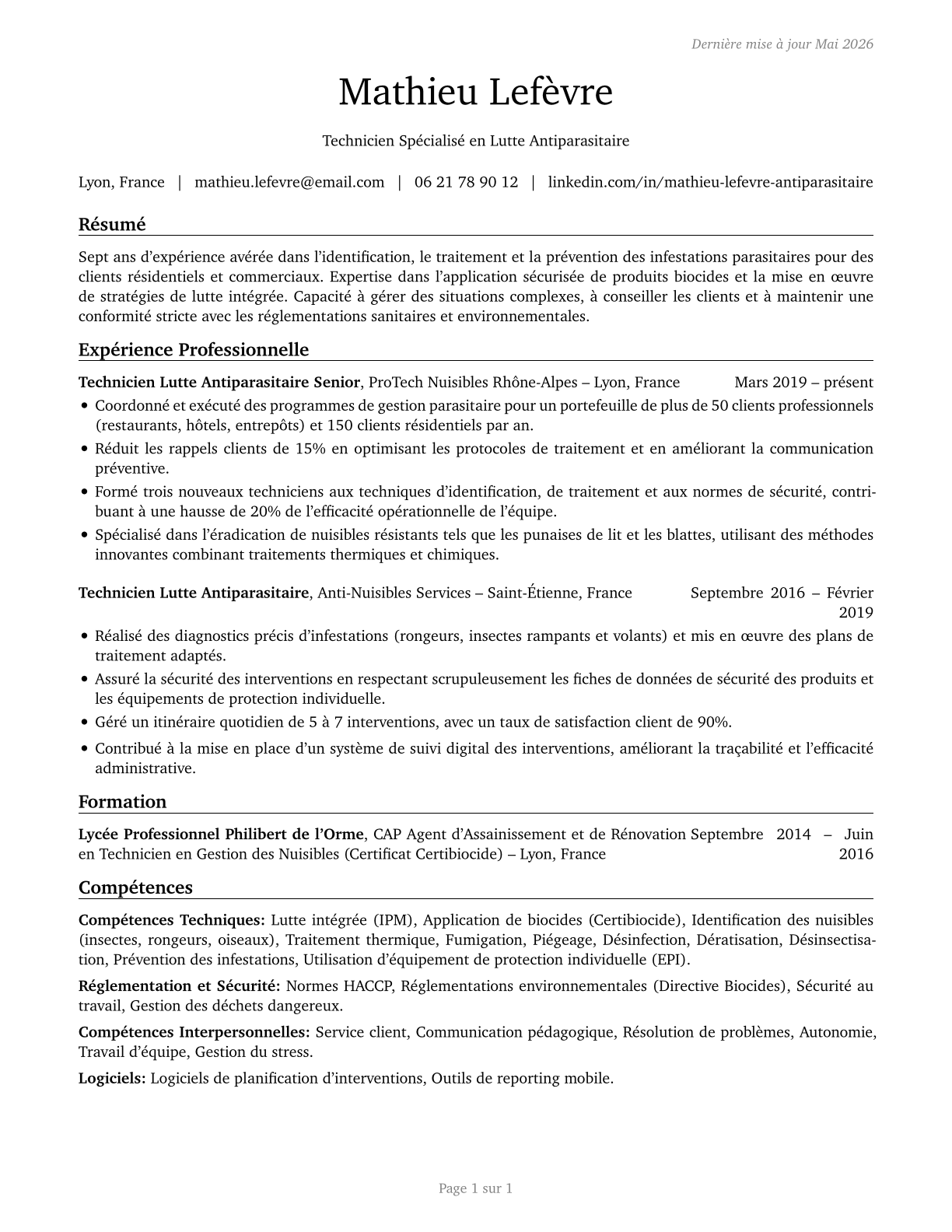 Pest Control Workers CV in French — page 1