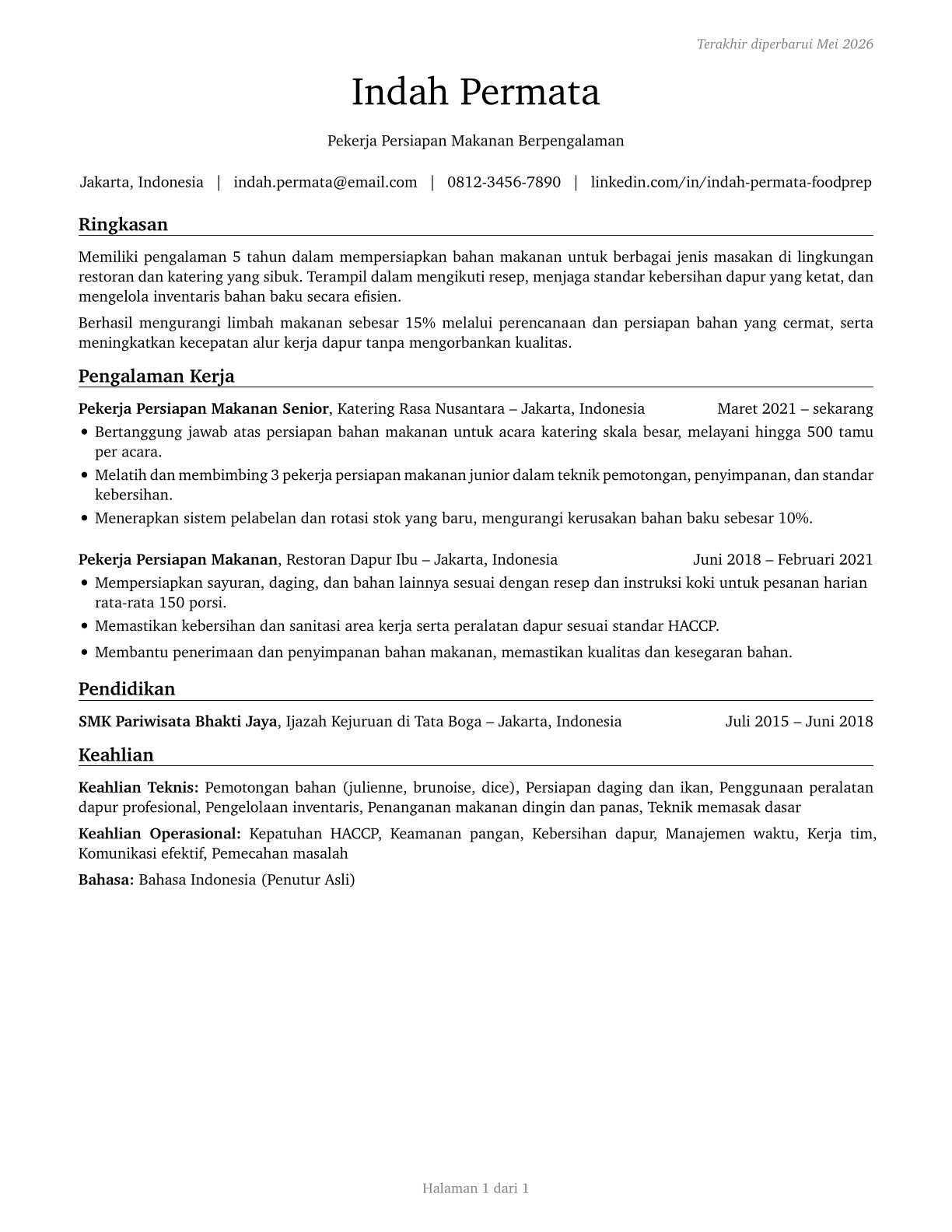 Food Preparation Workers CV in Indonesian — page 1