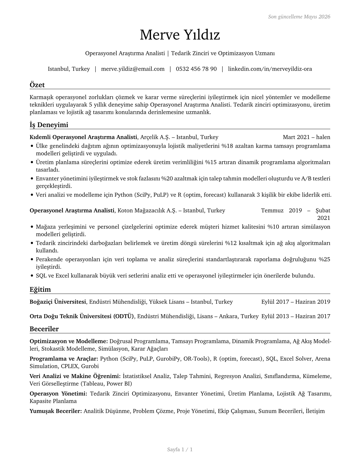 Operations Research Analysts CV in Turkish — page 1