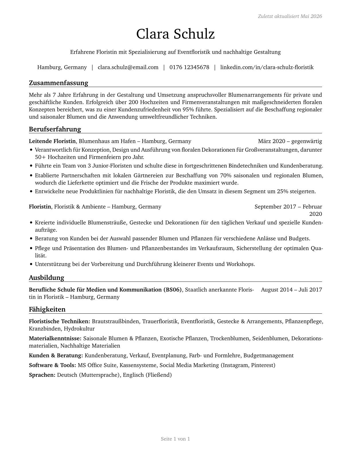 Floral Designers CV in German — page 1