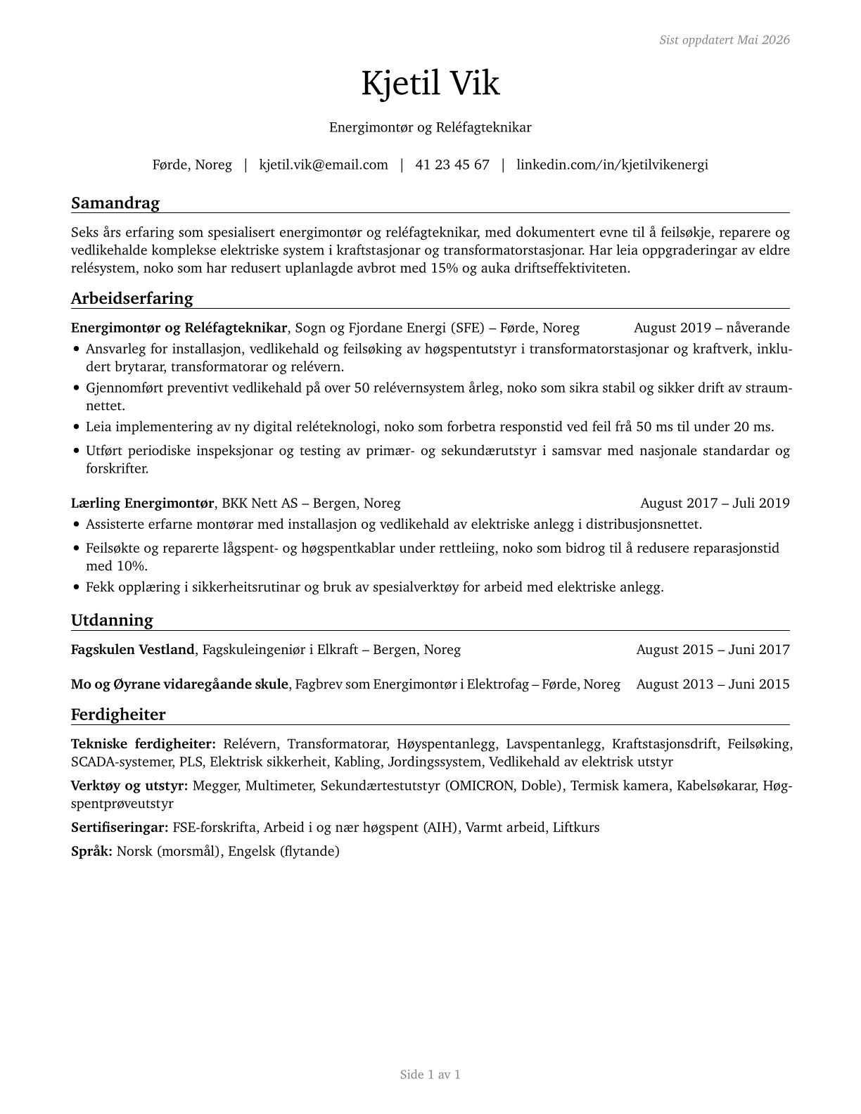 Electrical and Electronics Repairers, Powerhouse, Substation, and Relay CV in Norwegian_nynorsk — page 1