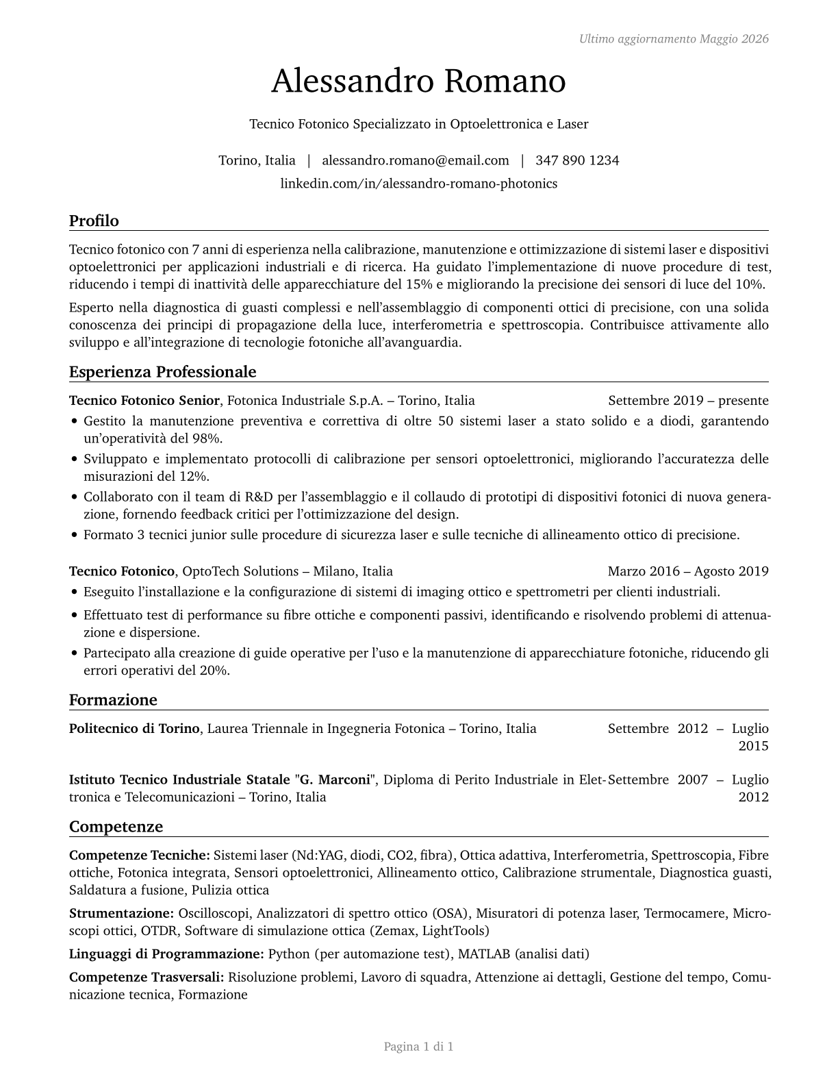 Photonics Technicians CV in Italian — page 1