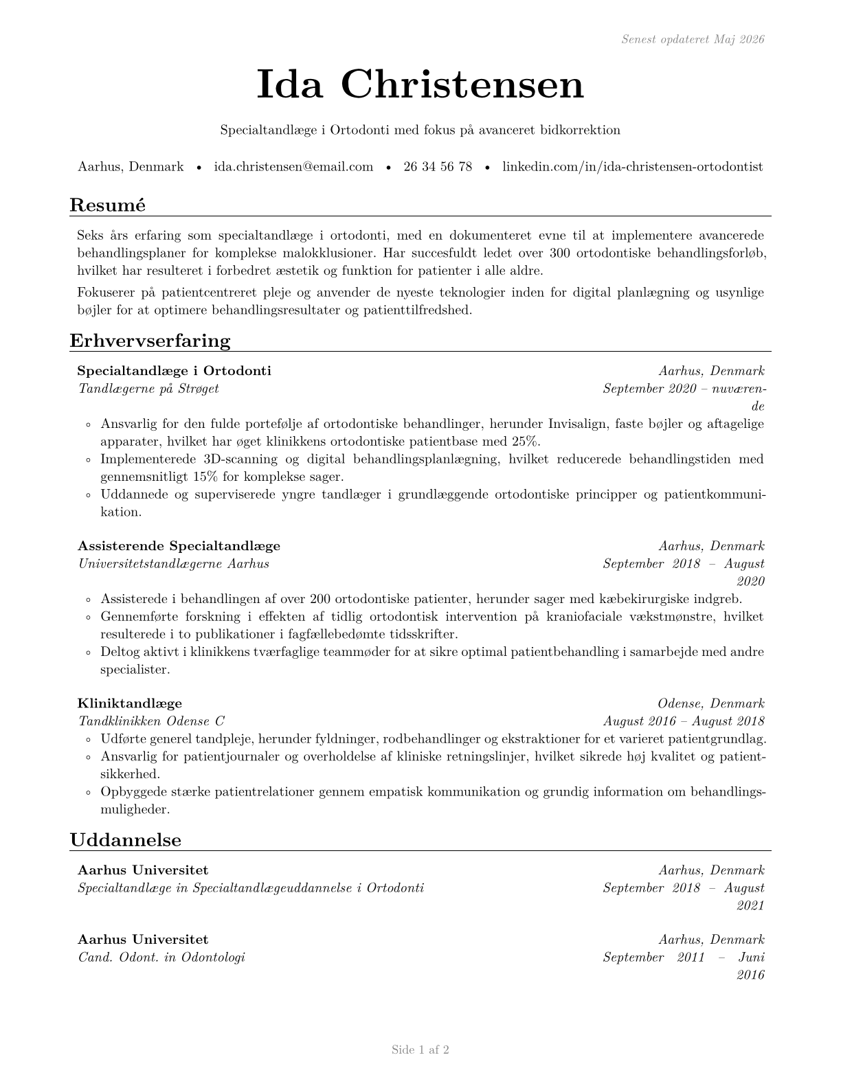 Dentists, All Other Specialists CV in Danish — page 1