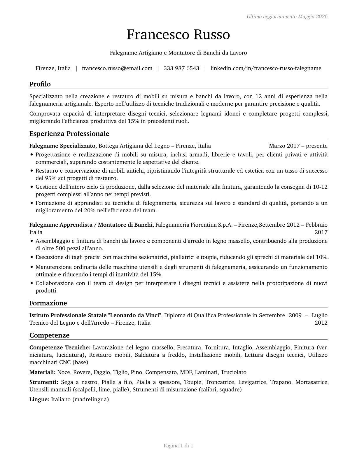 Cabinetmakers and Bench Carpenters CV in Italian — page 1
