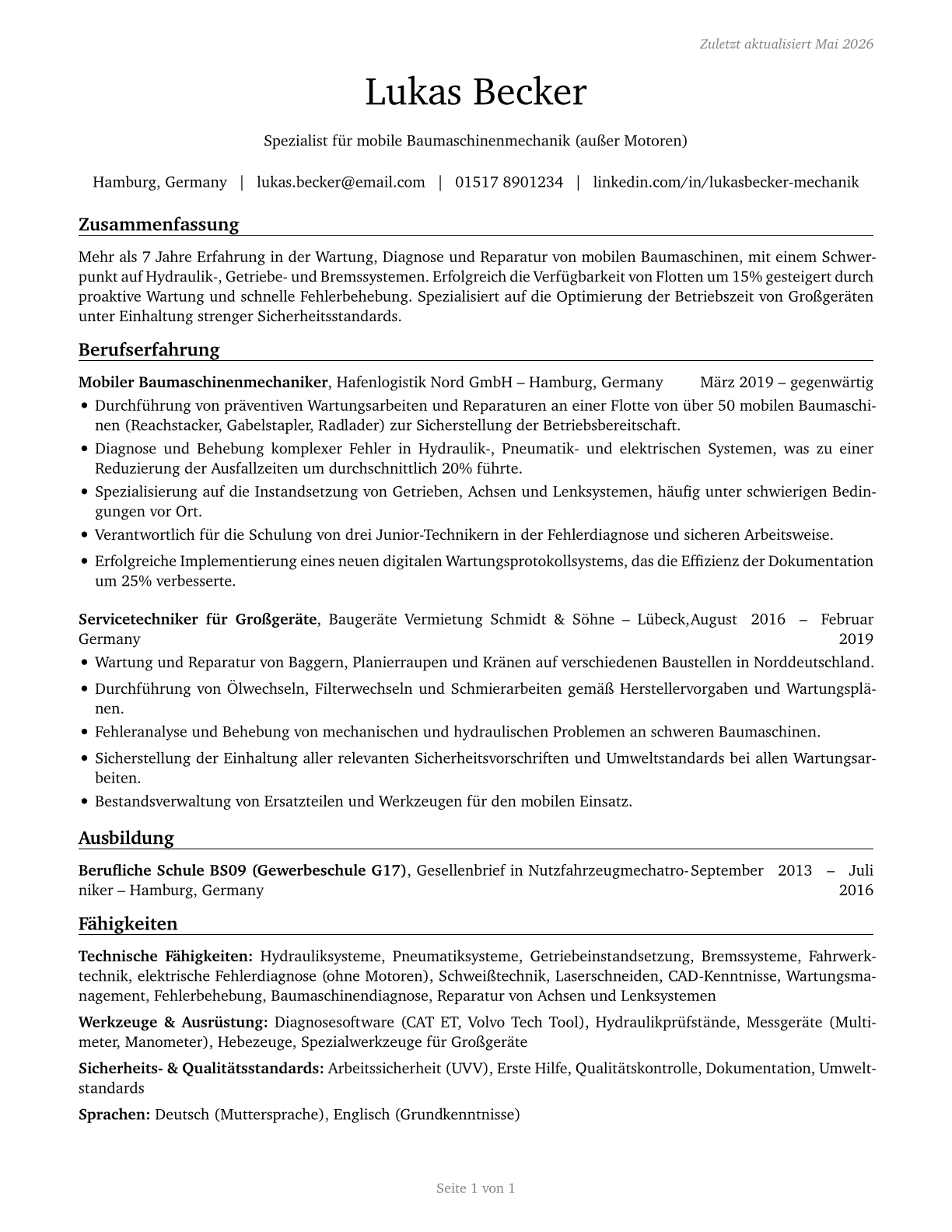 Mobile Heavy Equipment Mechanics, Except Engines CV in German — page 1
