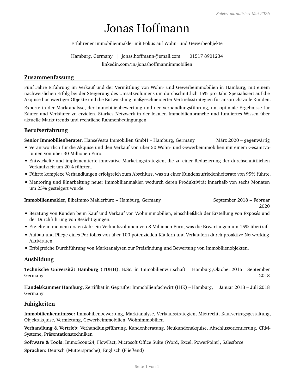 Real Estate Sales Agents CV in German — page 1