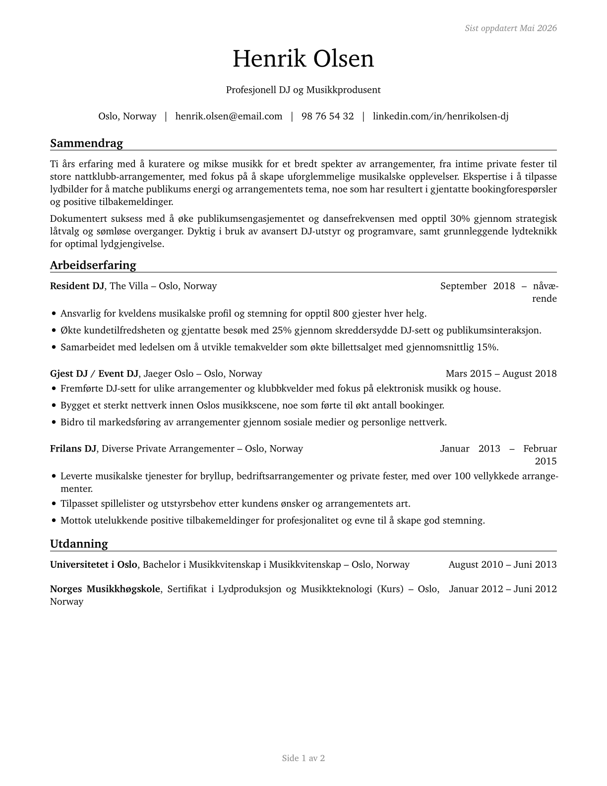 Disc Jockeys, Except Radio CV in Norwegian_bokmal — page 1