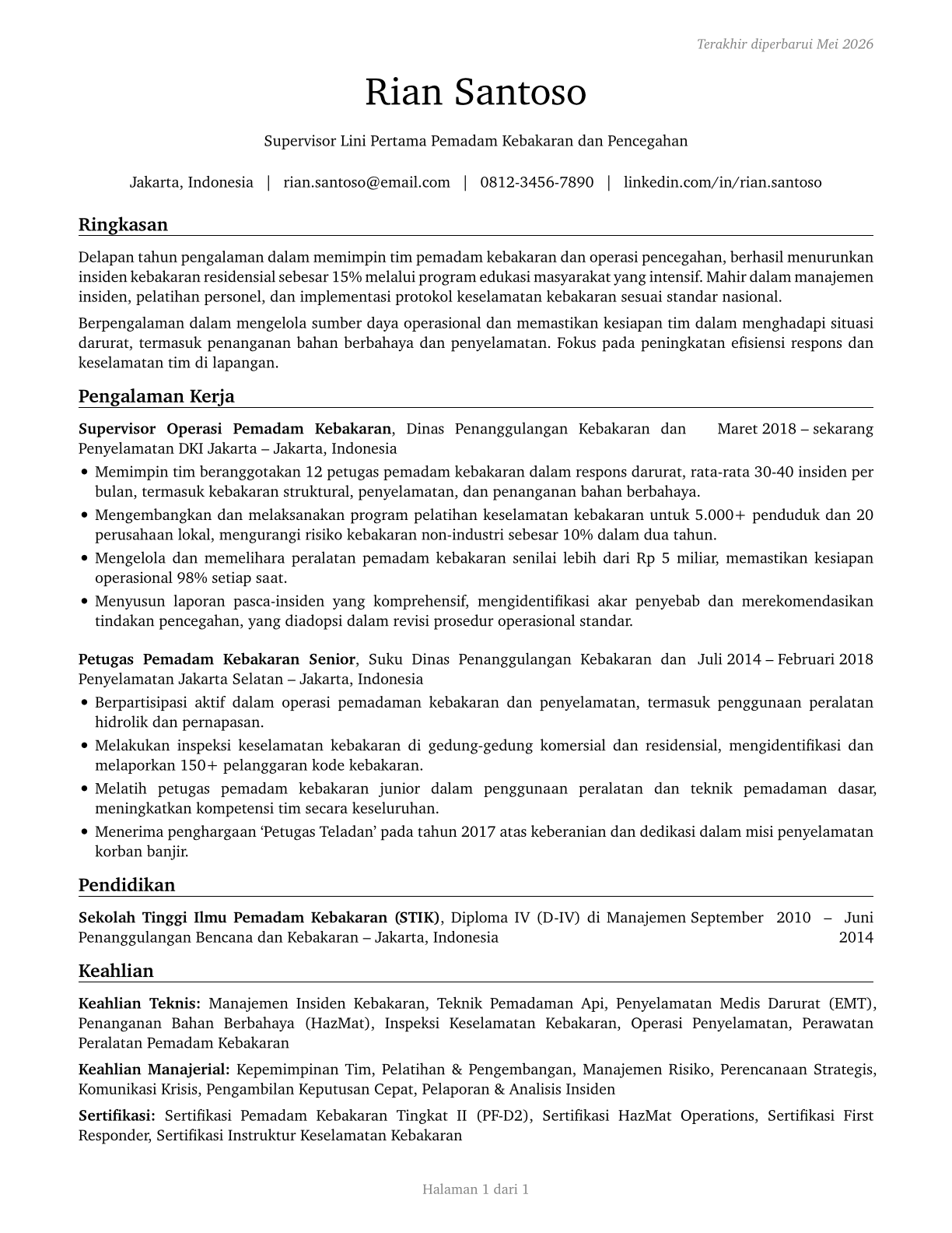 First-Line Supervisors of Firefighting and Prevention Workers CV in Indonesian — page 1