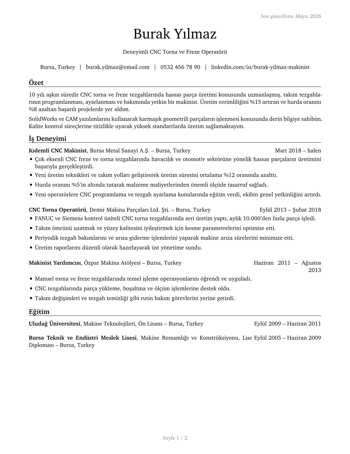 Machinists CV in Turkish — page 1