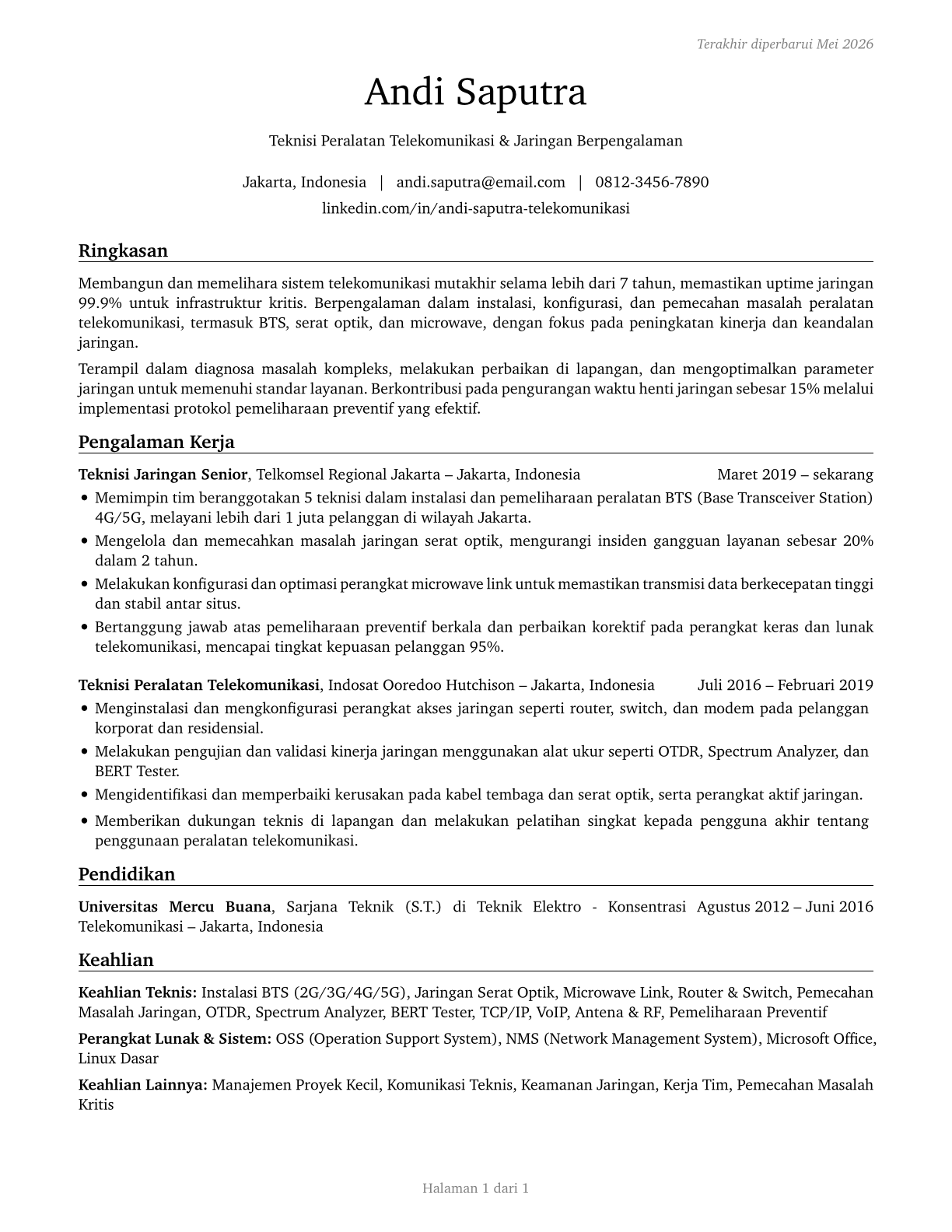 Telecommunications Equipment Installers and Repairers, Except Line Installers CV in Indonesian — page 1