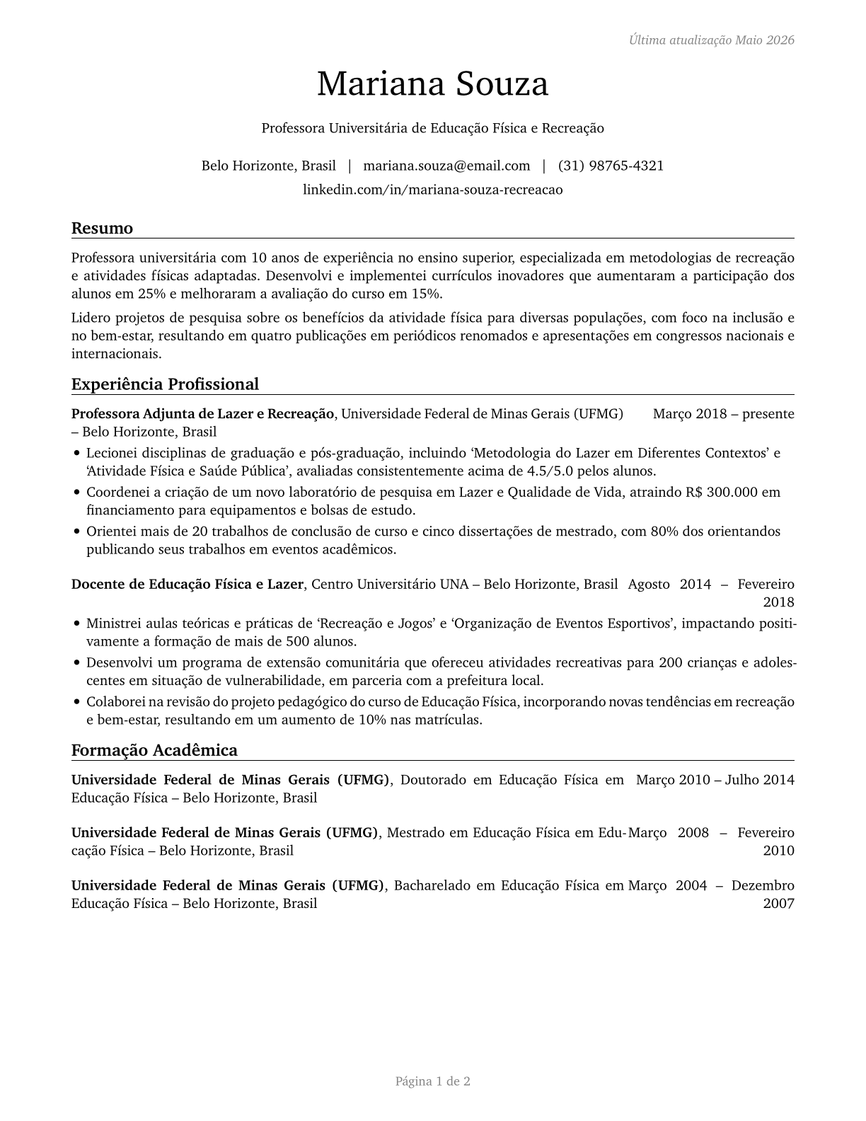 Recreation and Fitness Studies Teachers, Postsecondary CV in Portuguese — page 1