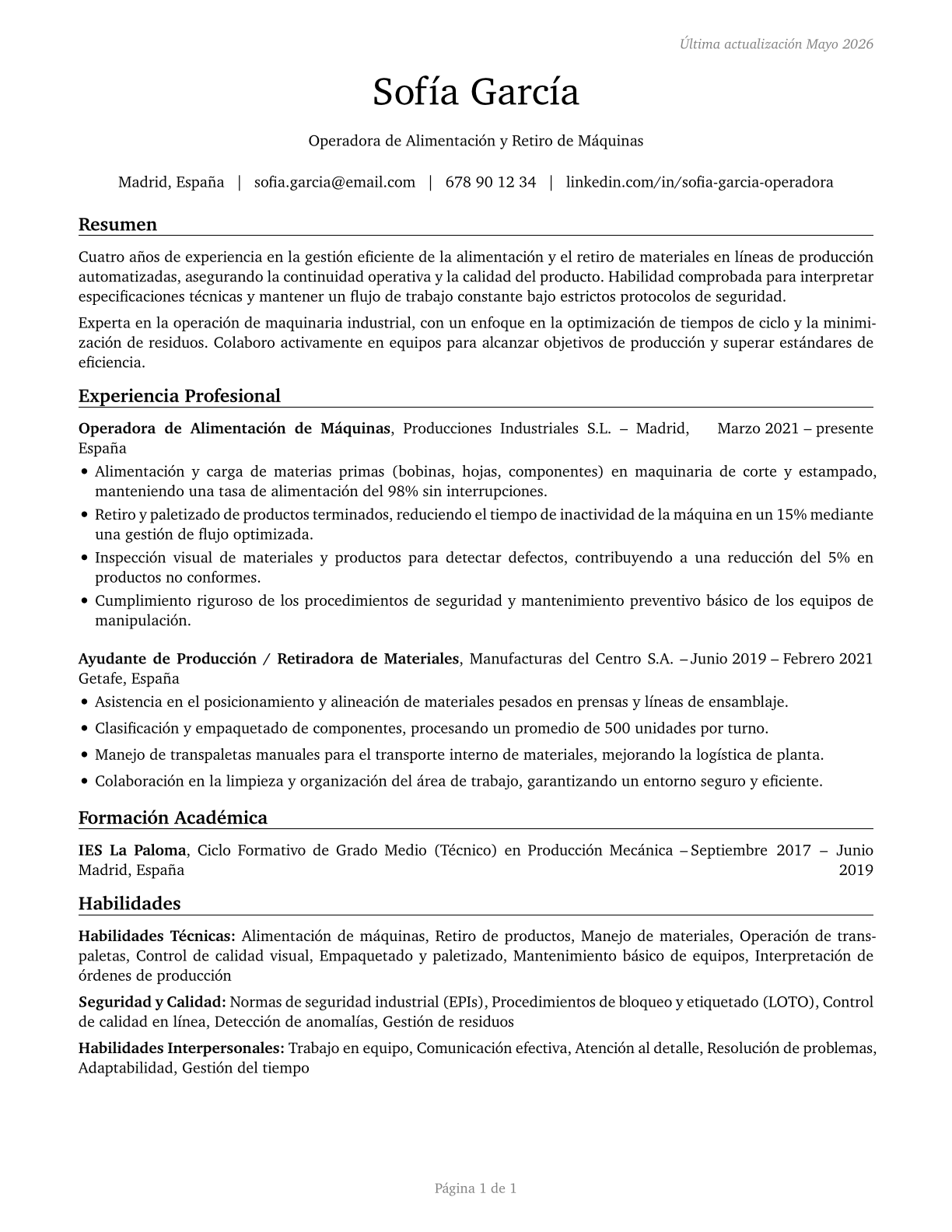 Machine Feeders and Offbearers CV in Spanish — page 1