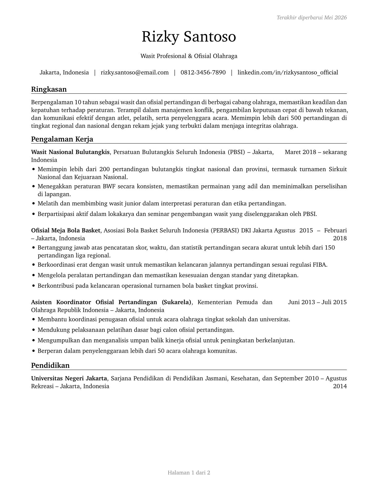 Umpires, Referees, and Other Sports Officials CV in Indonesian — page 1