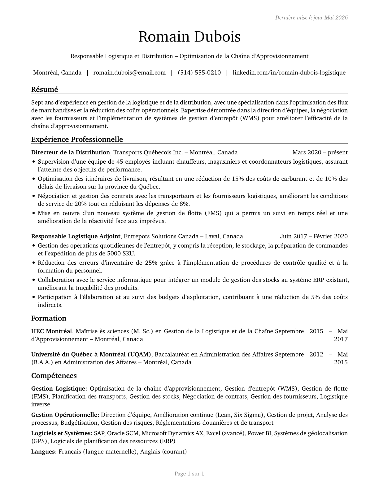 Transportation, Storage, and Distribution Managers CV in French — page 1